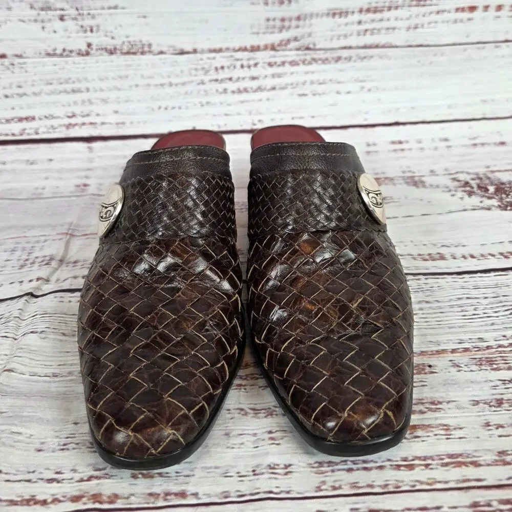 Brighton Twirl Woven Leather Mules Sz 8M Earthy Brown Chunky Heel Slip on Shoes